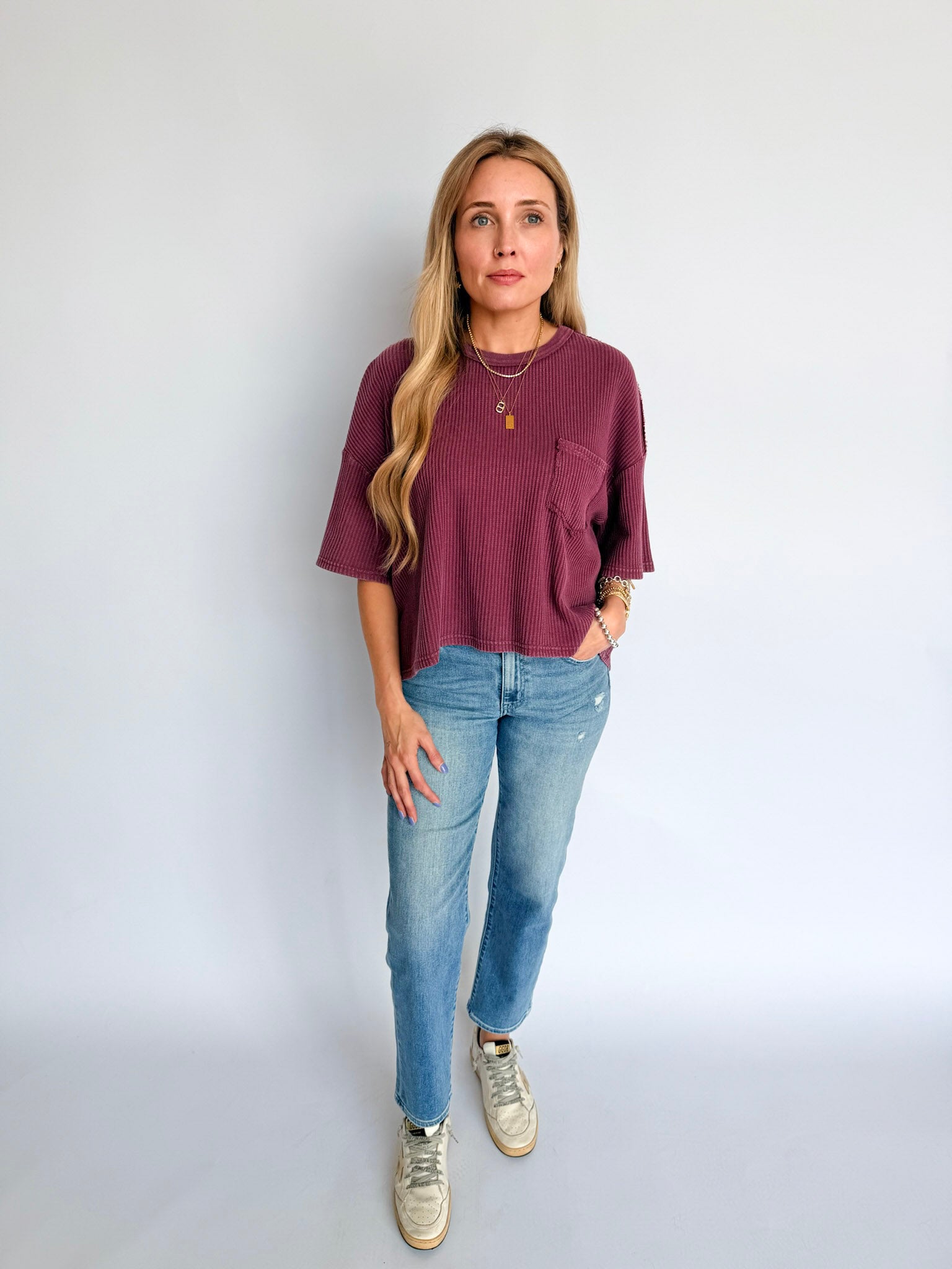 Hazel Mineral Wash Waffle Knit Top in Dark Cherry