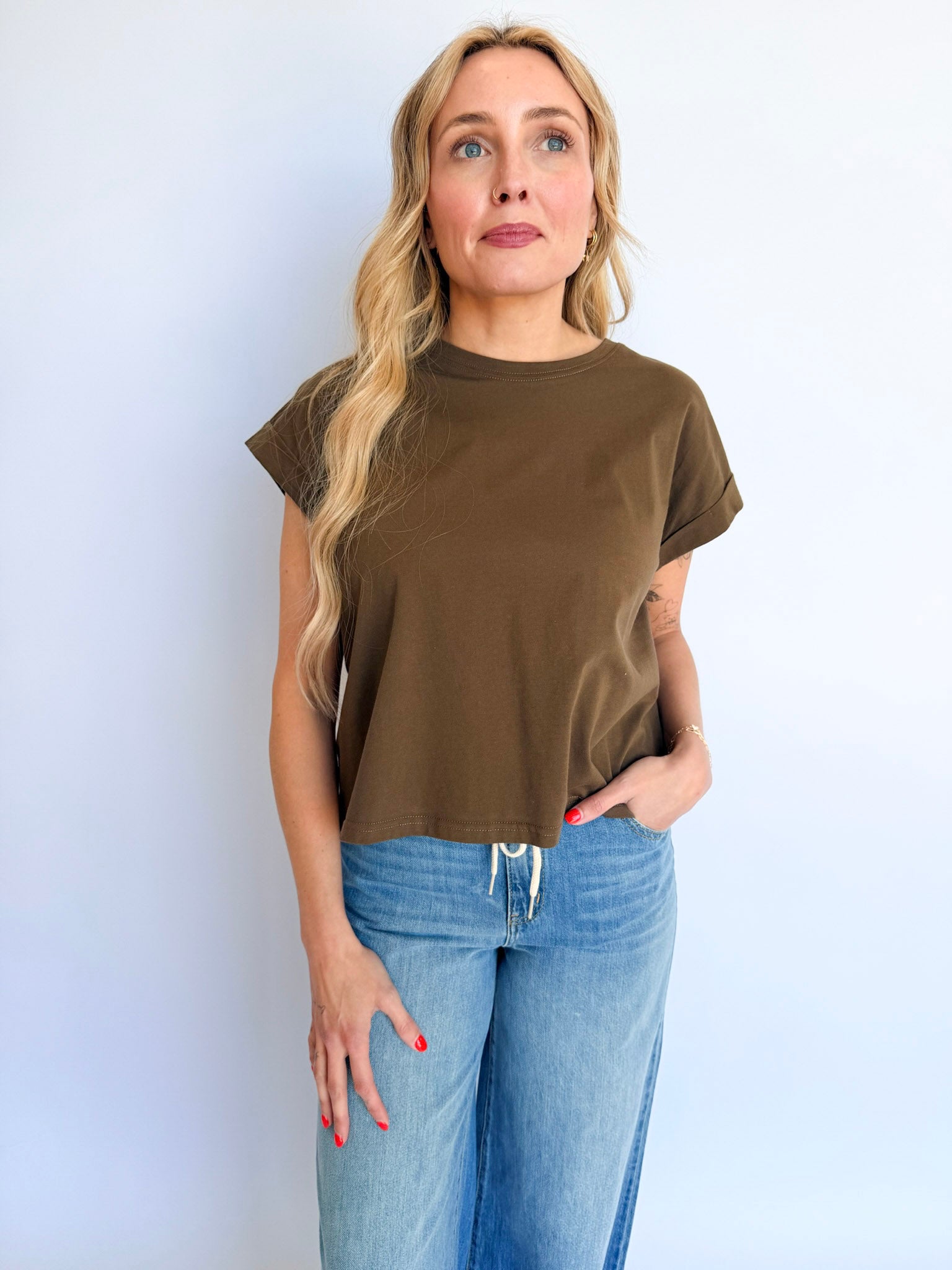 Elsin Cuffed Sleeve Top in Olive Grey
