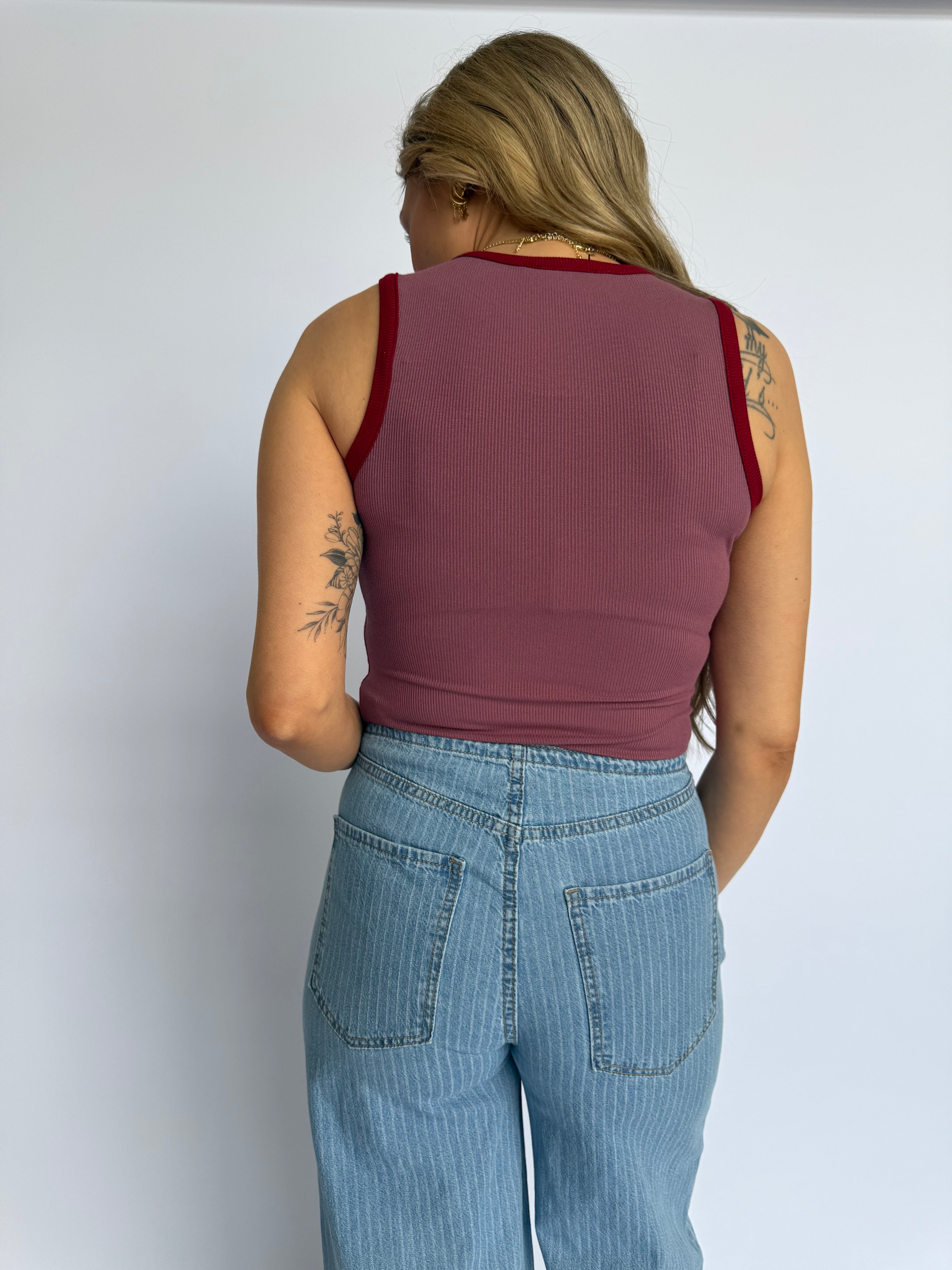Opal Colorblock Ribbed Tank Bodysuit in Berry + Burgundy