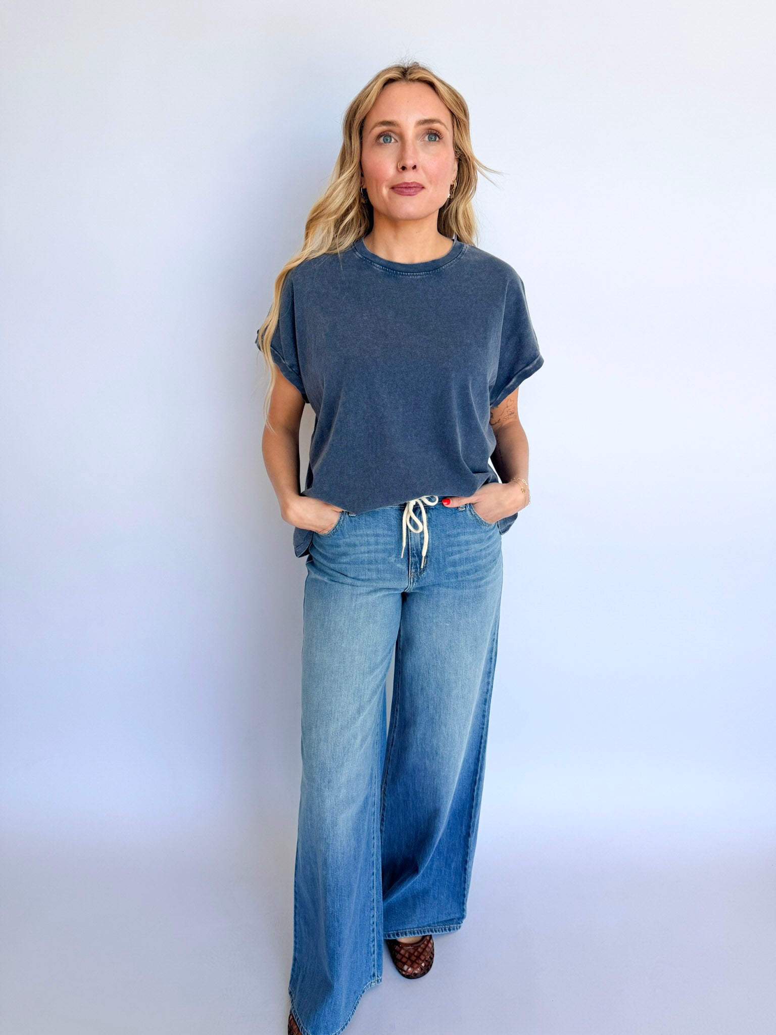Anna Cap Sleeve Top in Navy