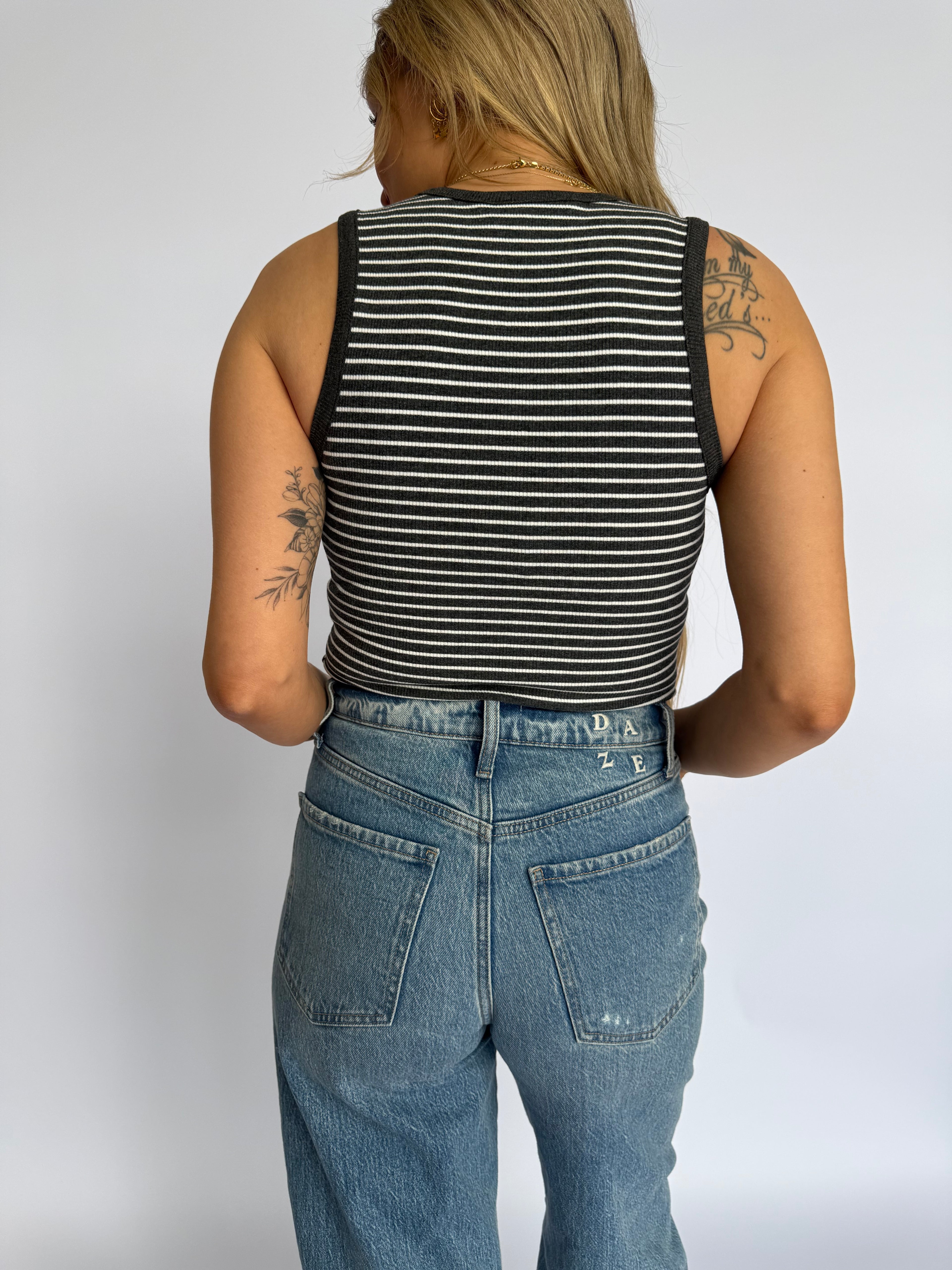 Opal Striped Ribbed Tank Bodysuit in Charcoal + White