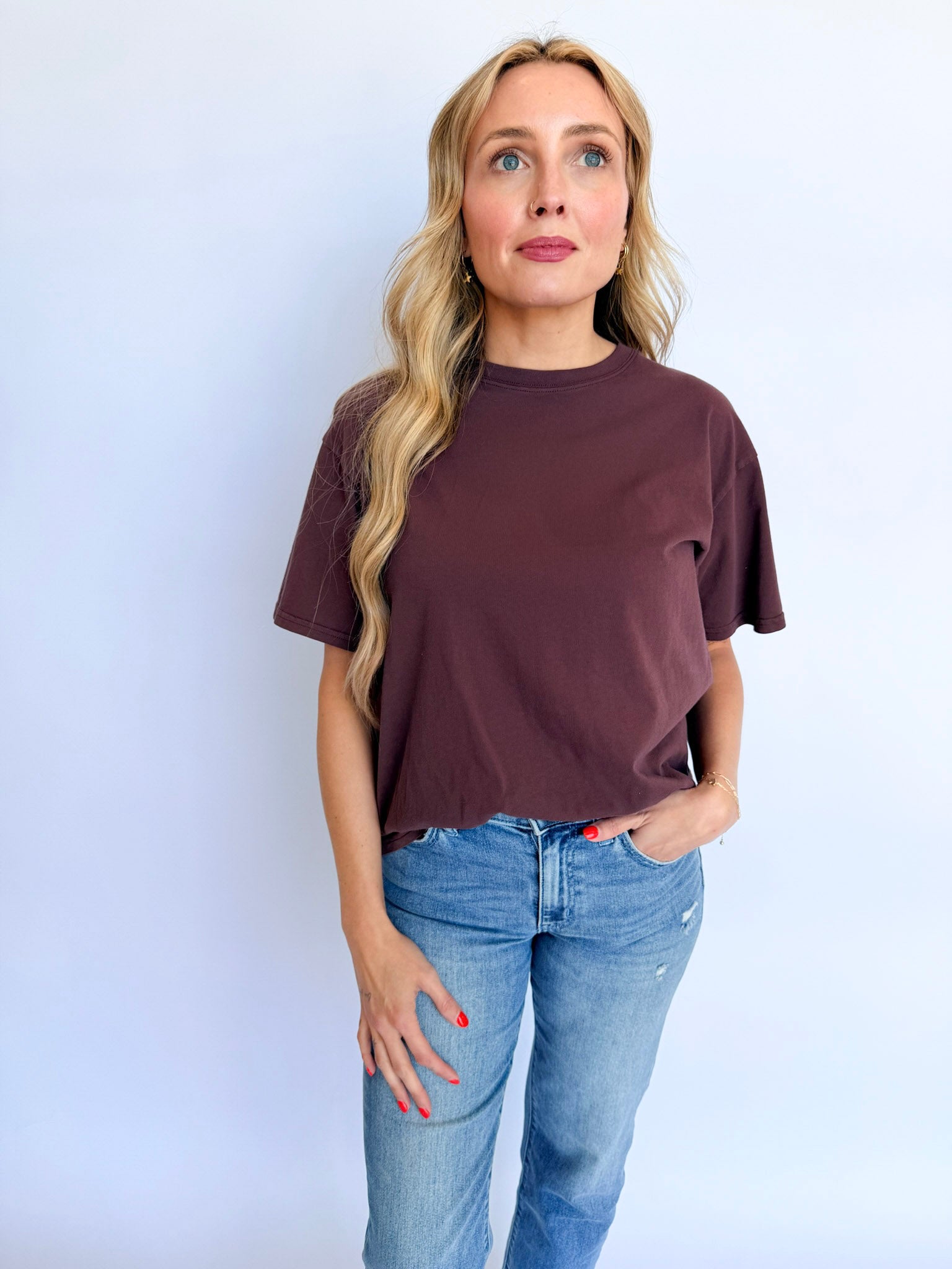 Audrey Crew Neck Pigment Dyed Tee in Cocoa
