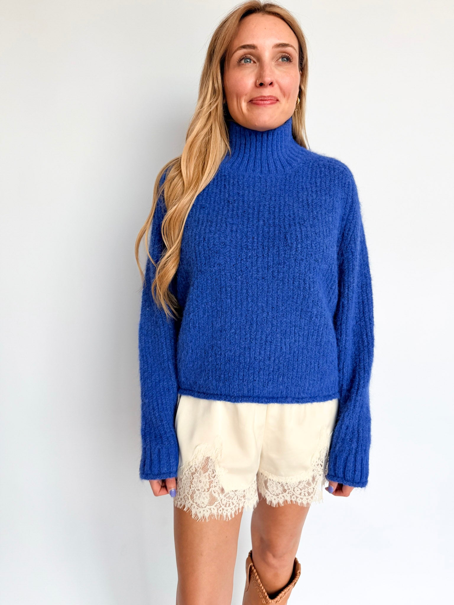 Eliana Soft Mock Neck Sweater in Cobalt