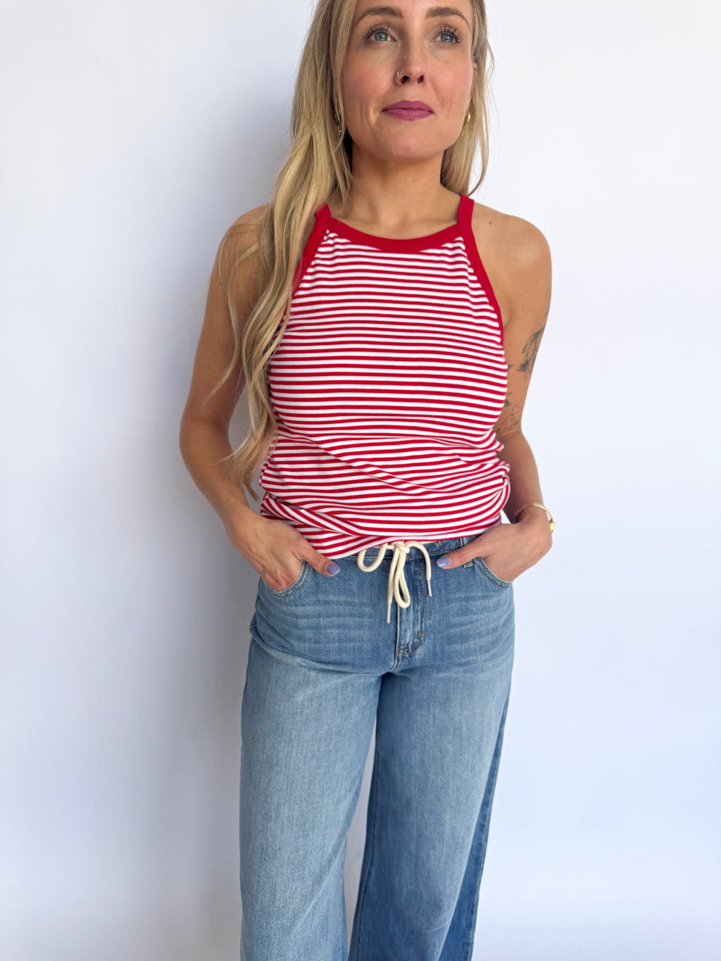Jessika Striped Ribbed Tank in Red