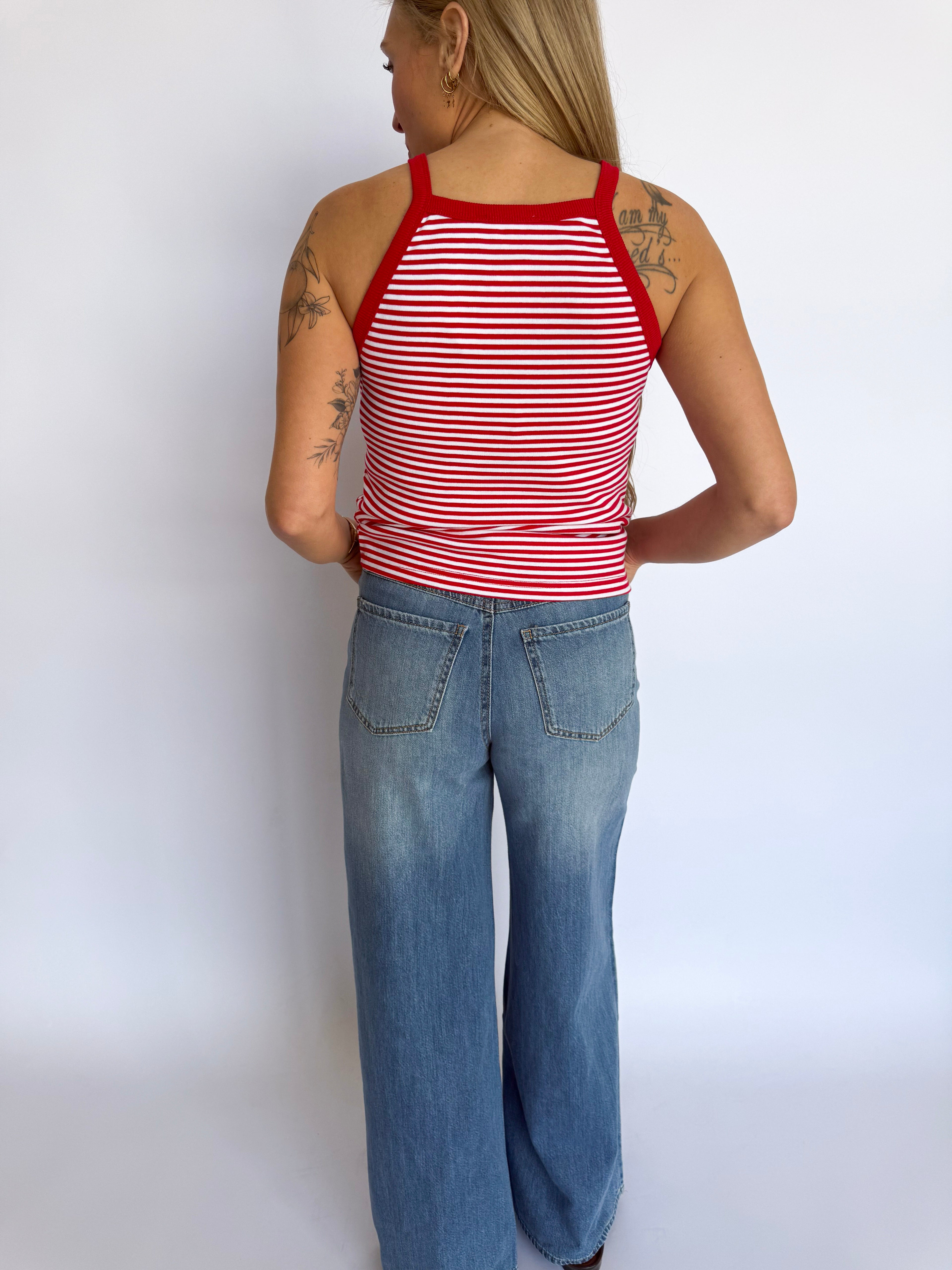 Jessika Striped Ribbed Tank in Red