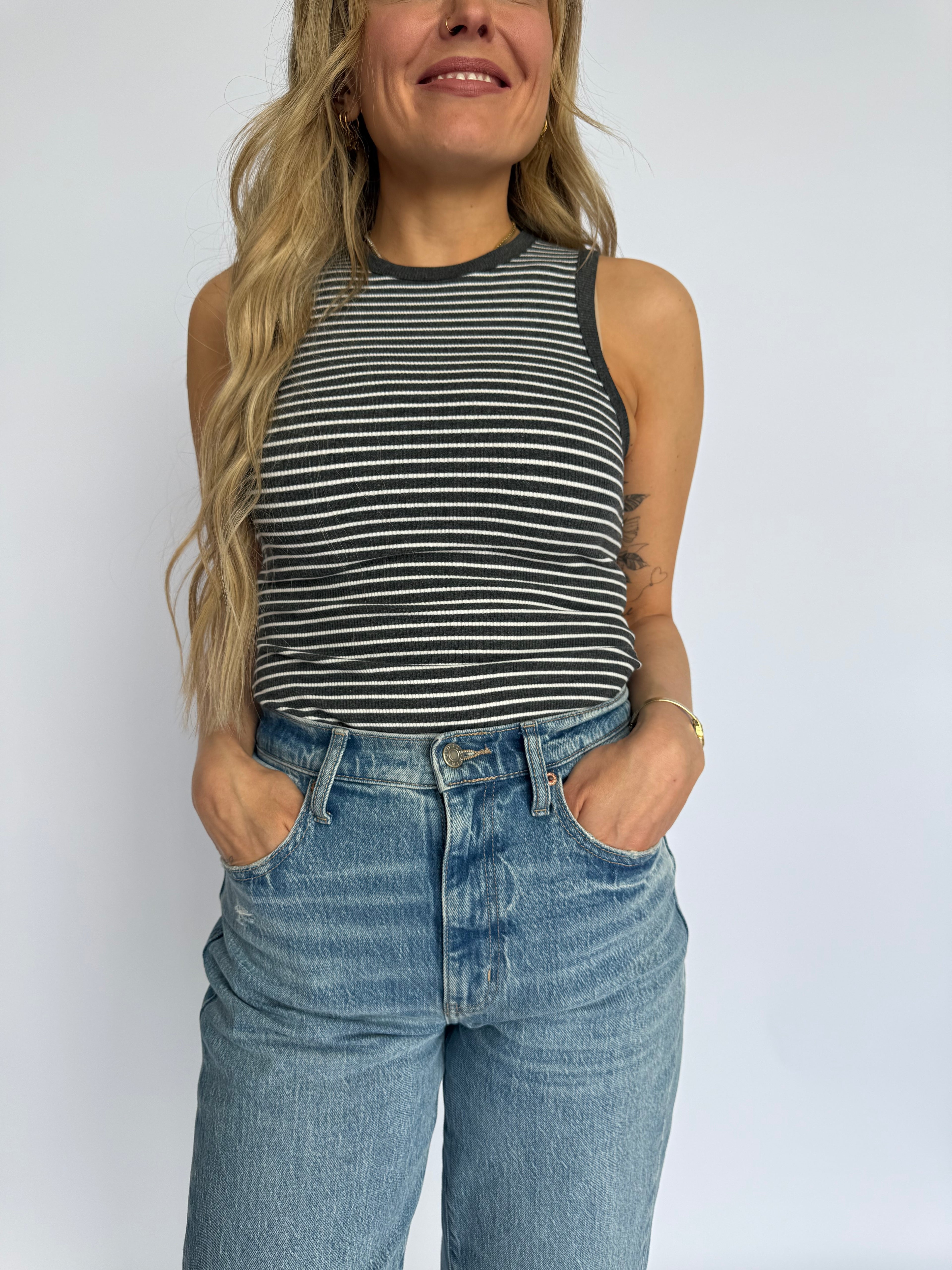 Opal Striped Ribbed Tank Bodysuit in Charcoal + White