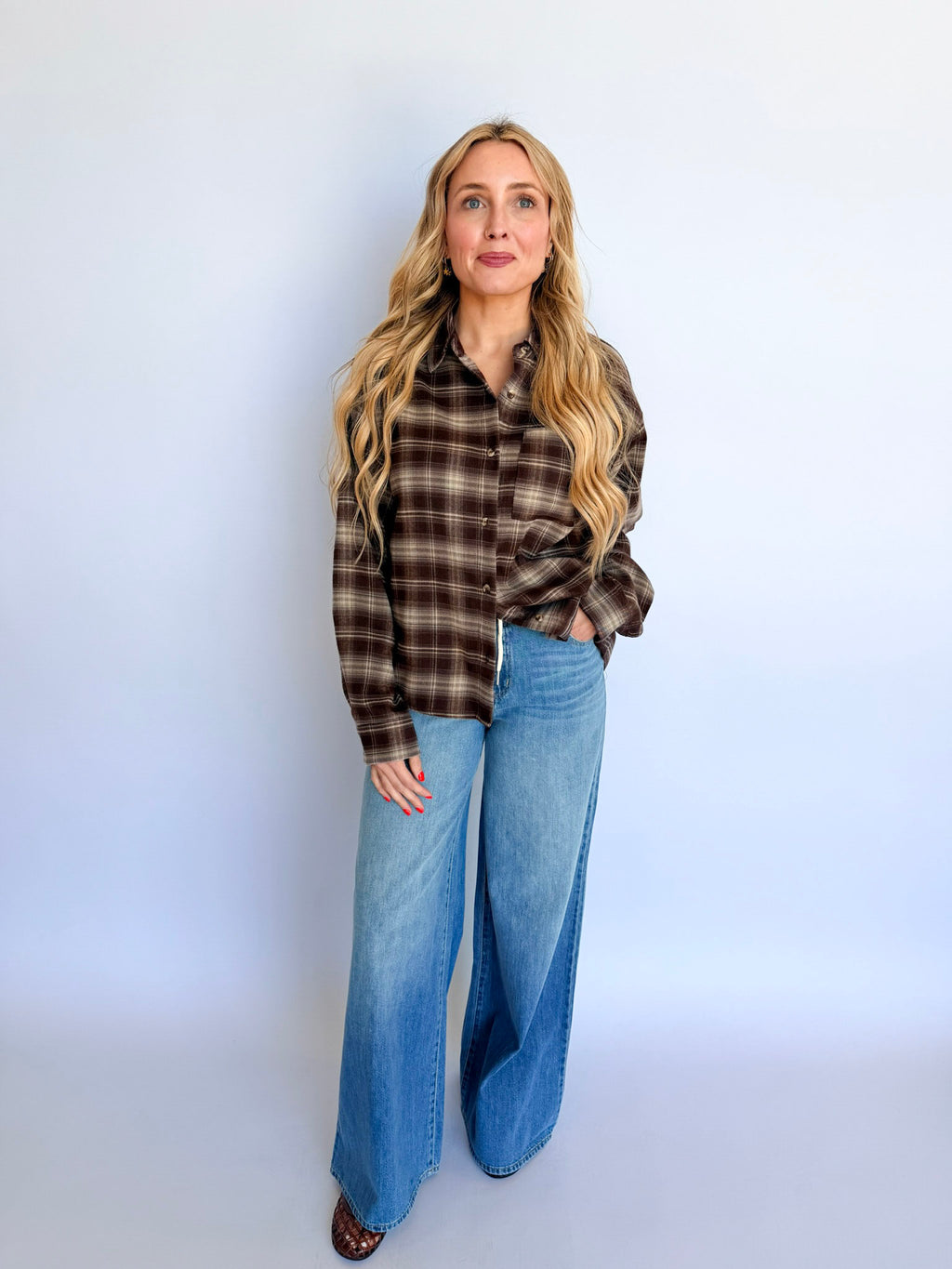 Hayes Button Up Top in Brown Plaid