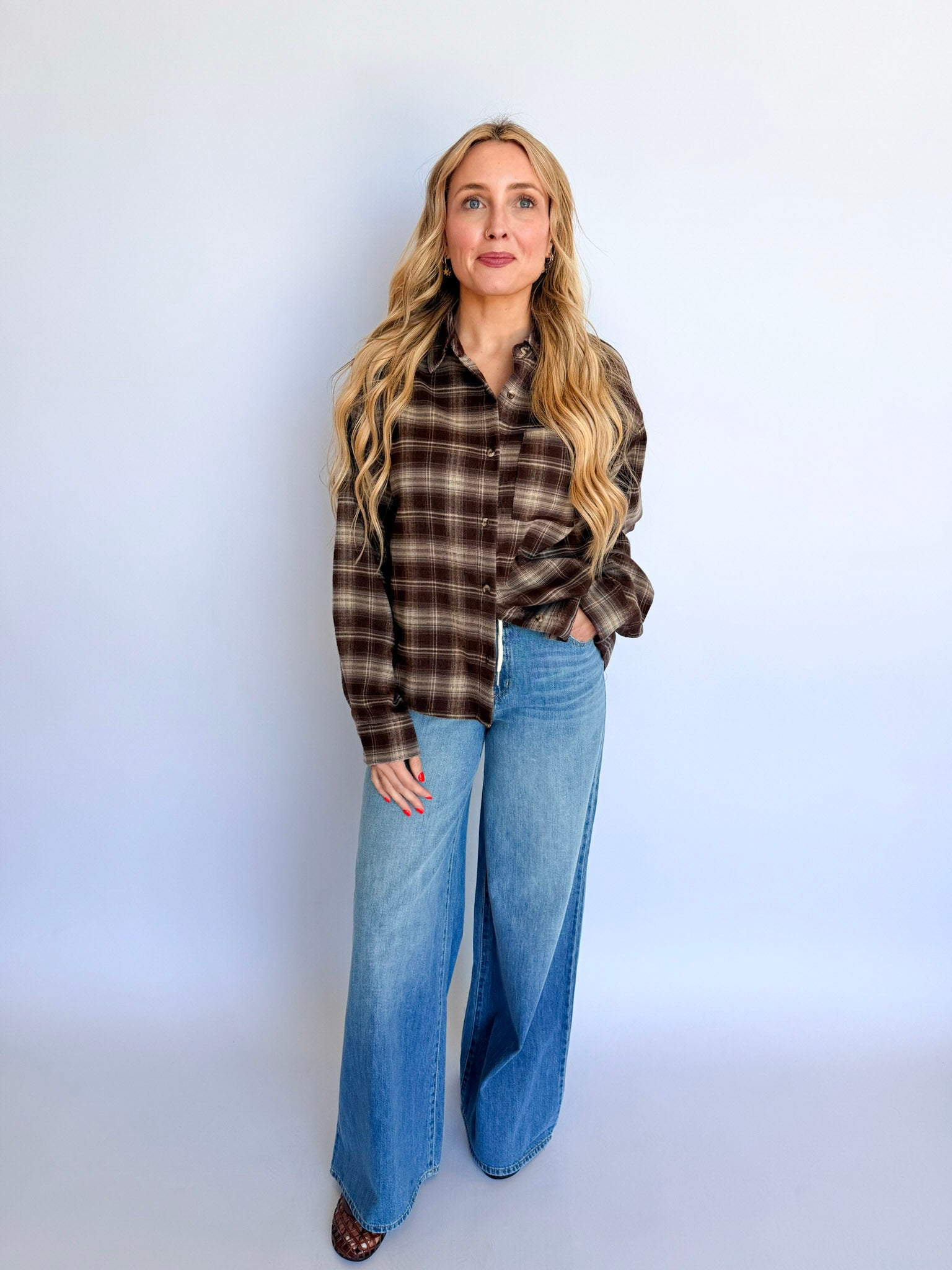 Hayes Button Up Top in Brown Plaid