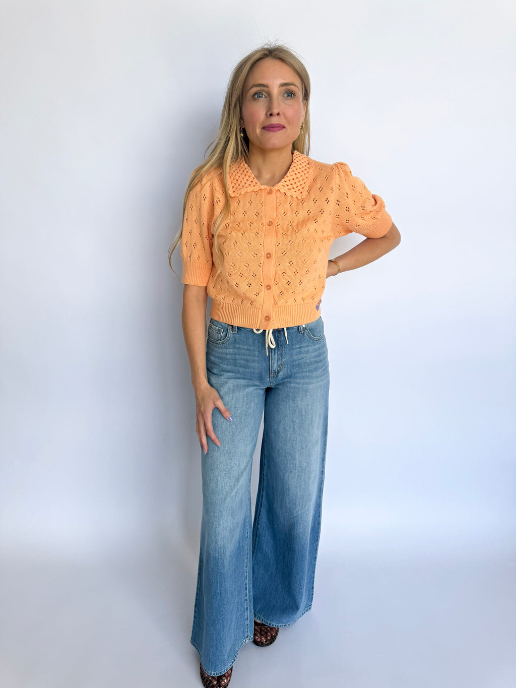 Lane Pointelle Button Up Top in Apricot
