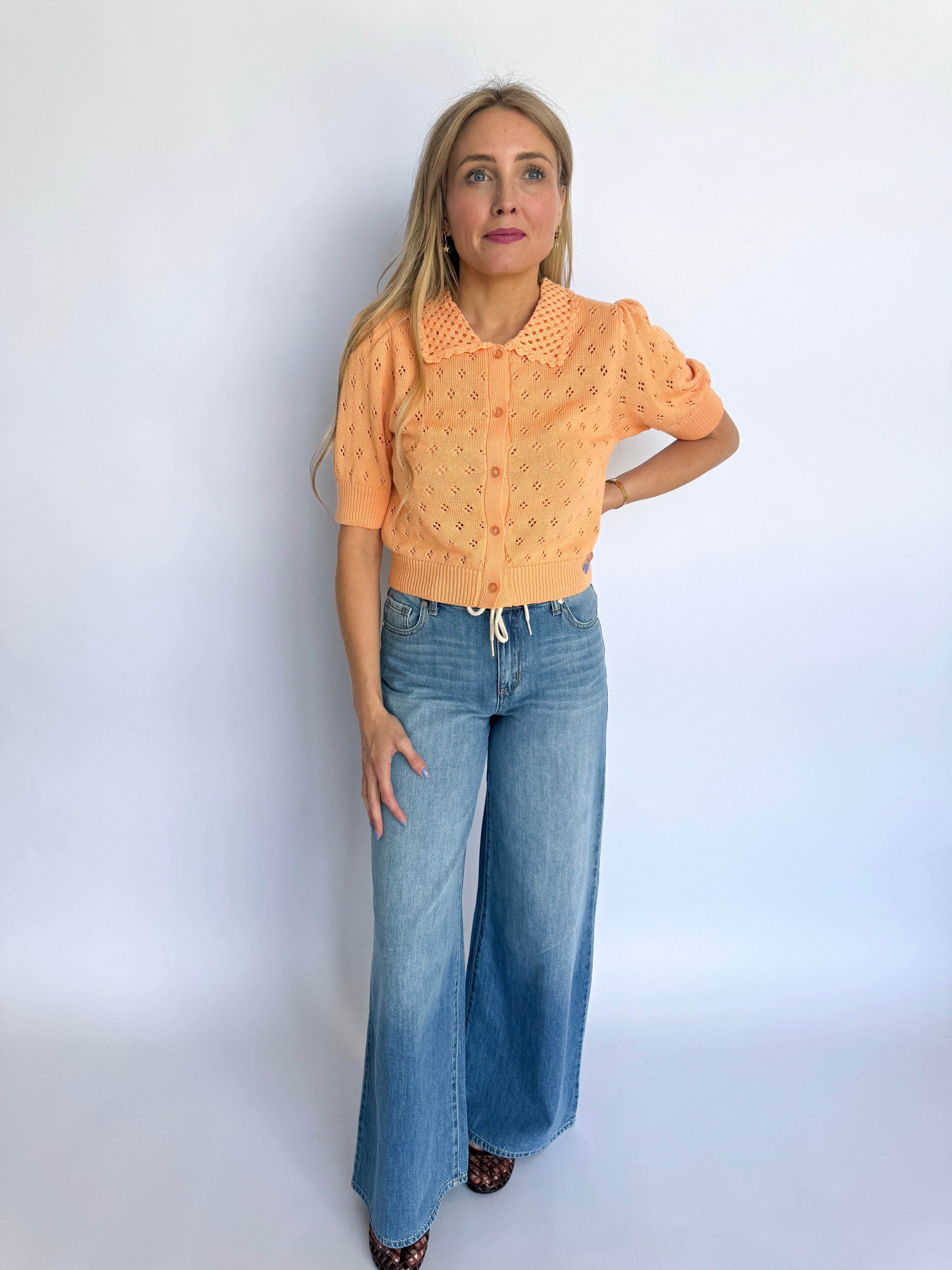 Lane Pointelle Button Up Top in Apricot