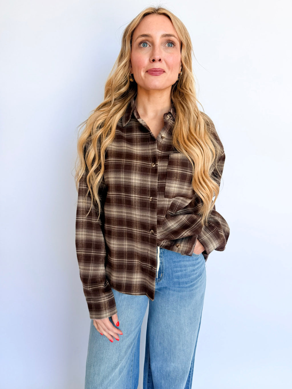 Hayes Button Up Top in Brown Plaid