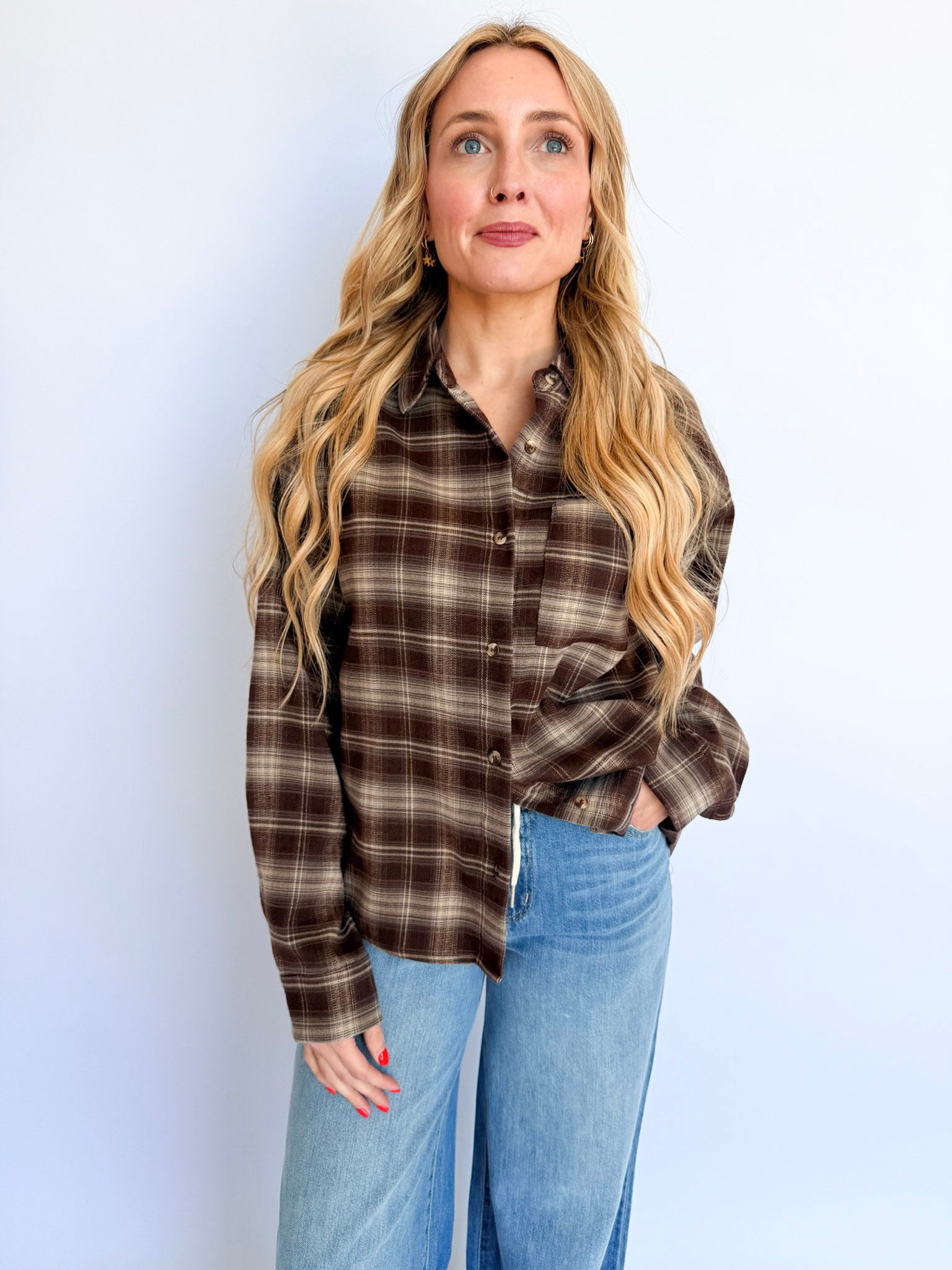 Hayes Button Up Top in Brown Plaid