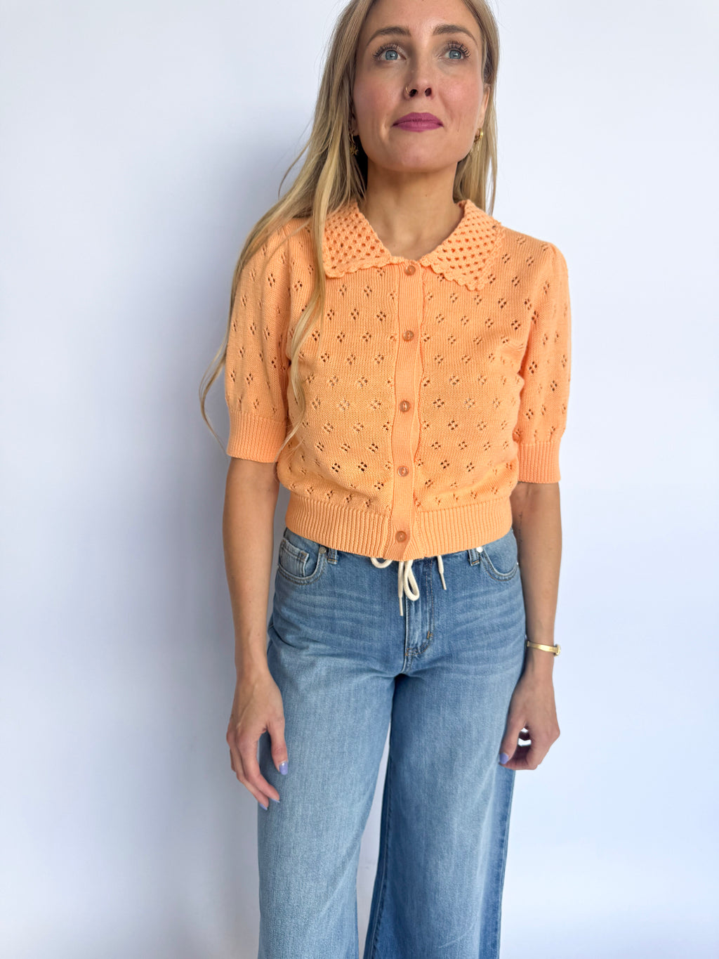 Lane Pointelle Button Up Top in Apricot