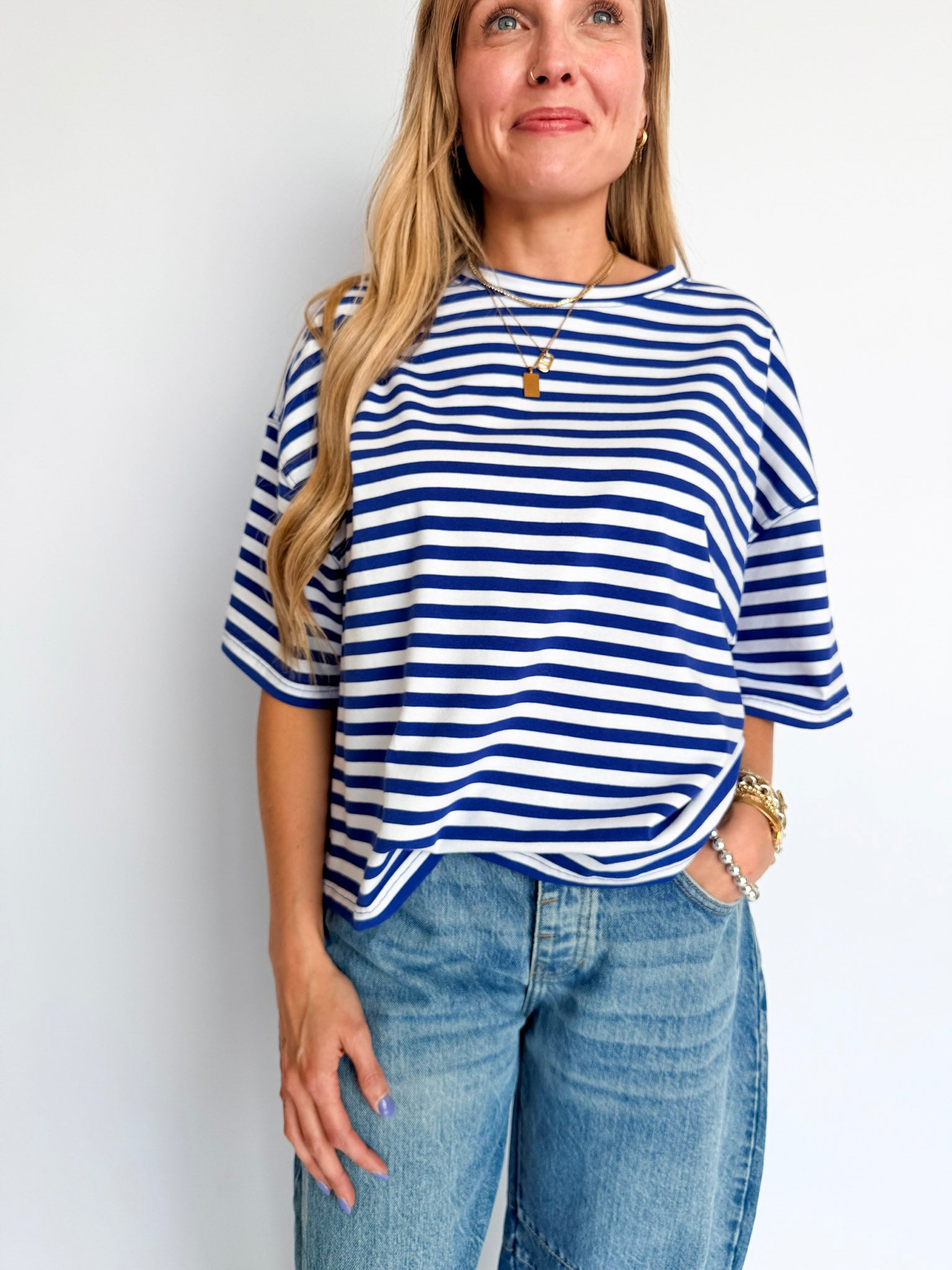Ava Oversized Stripe Boyfriend Tee in Cobalt