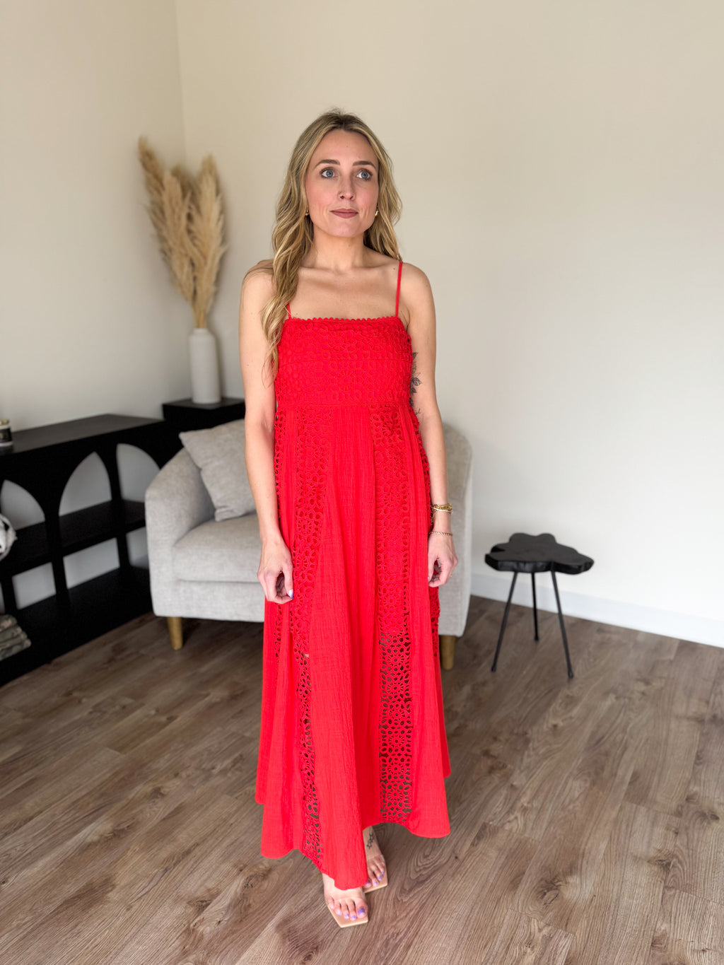 Ezra Crochet Lace and Crepe Maxi Dress in Red