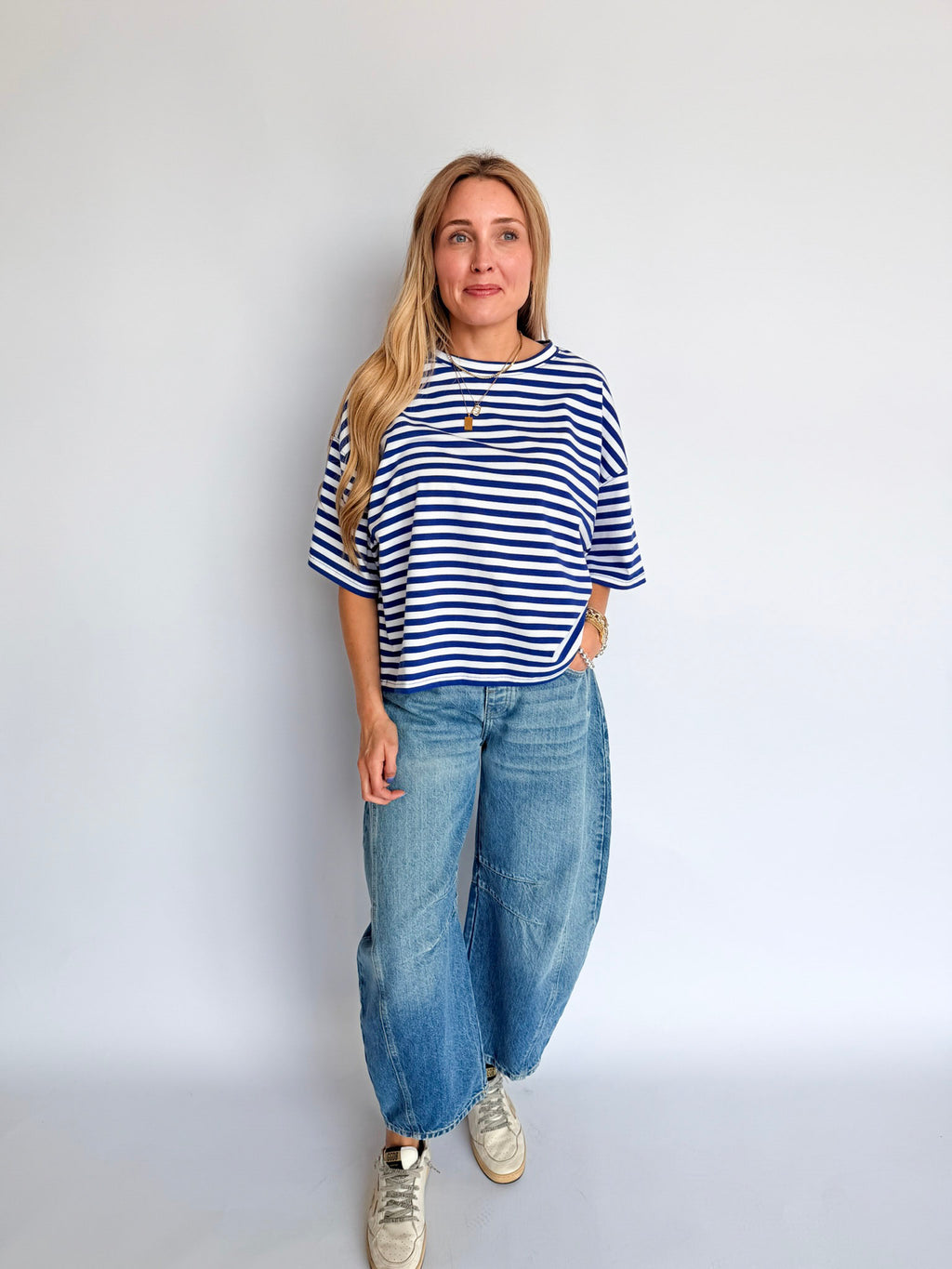 Ava Oversized Stripe Boyfriend Tee in Cobalt