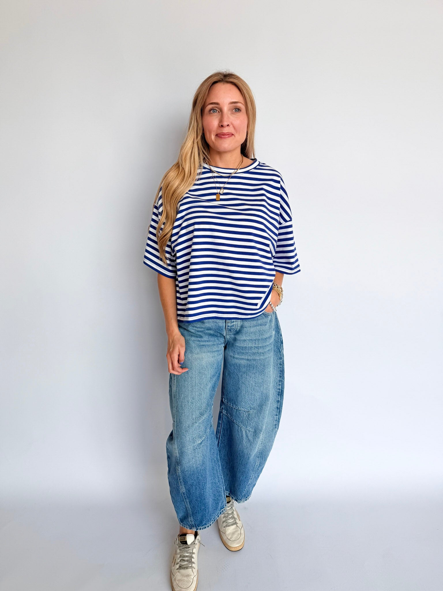 Ava Oversized Stripe Boyfriend Tee in Cobalt