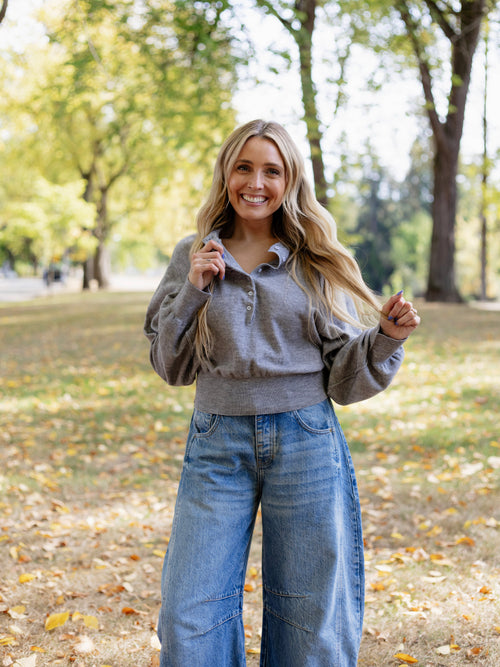 Amira Luxe Knit Henley Sweater in Heather Grey