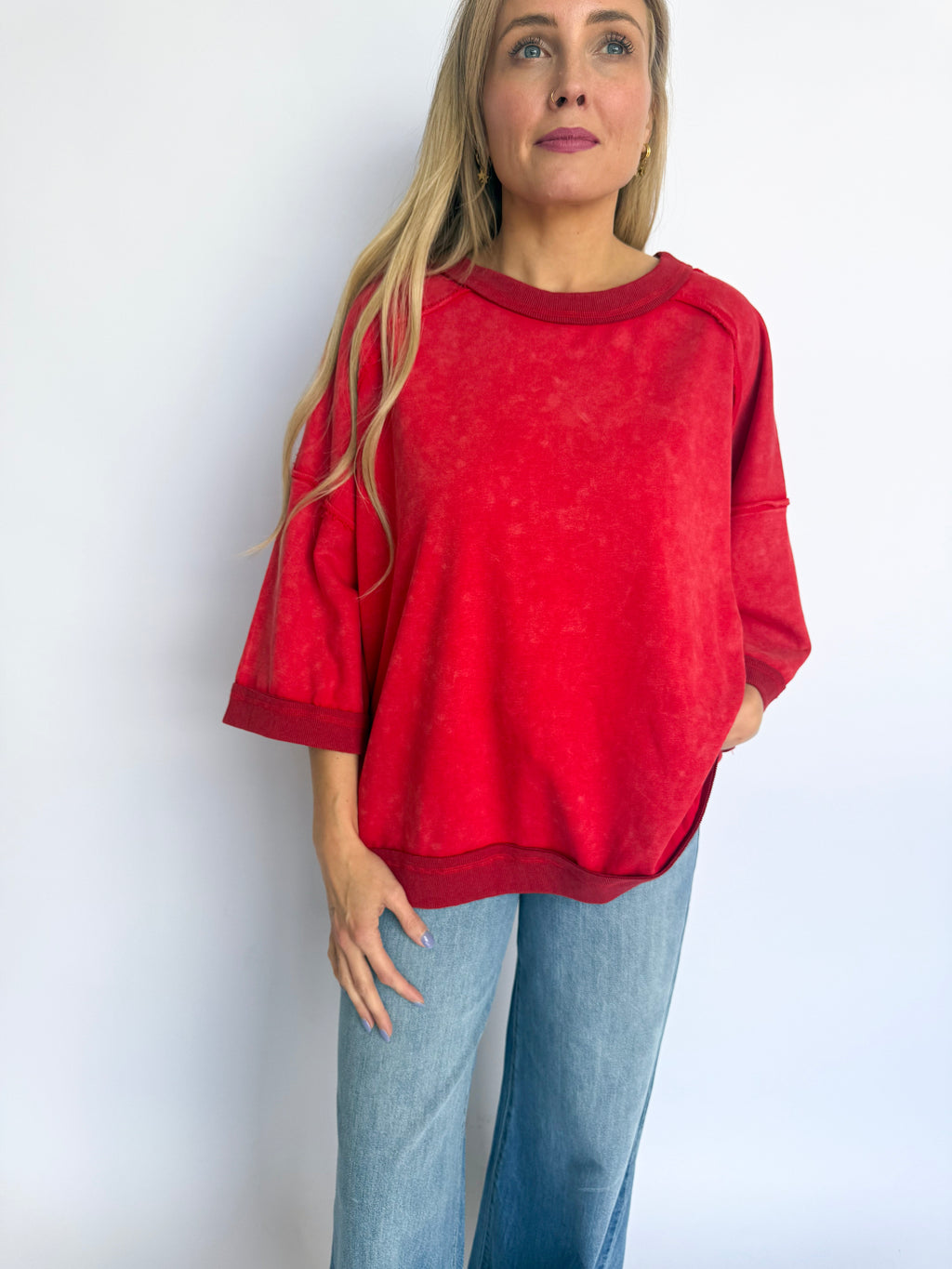 Michele Oversized French Terry Top in Red