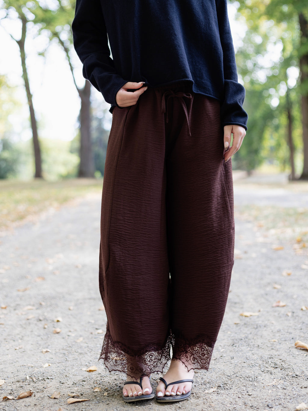 Samantha Lace Trim Pants in Coffee