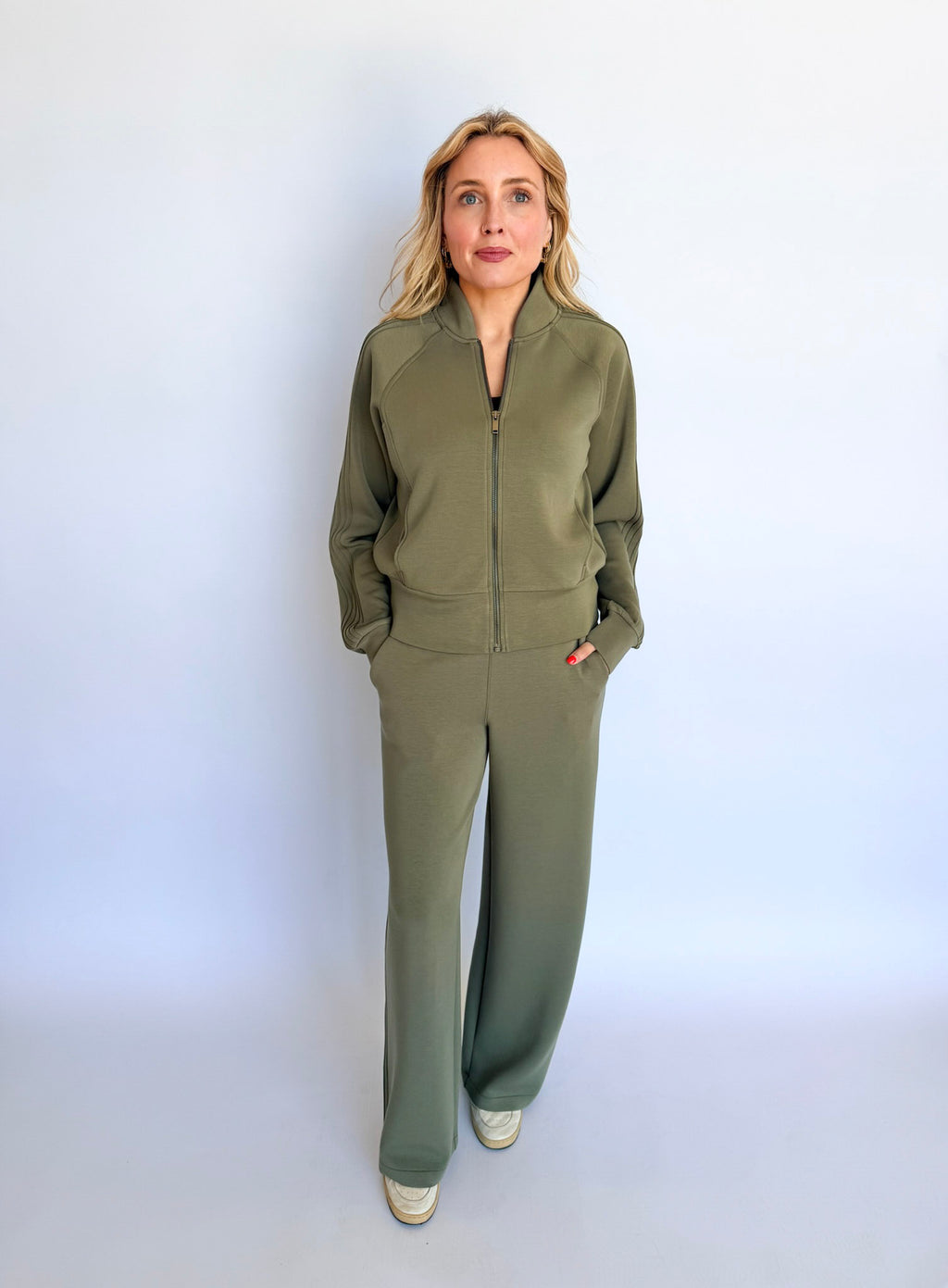 Spanx Pintuck Wide Leg Track Pants in Herb