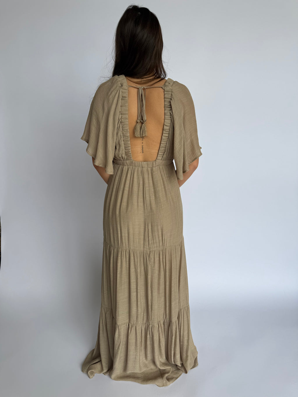 Zarella Flutter Sleeve Maxi Dress in Taupe