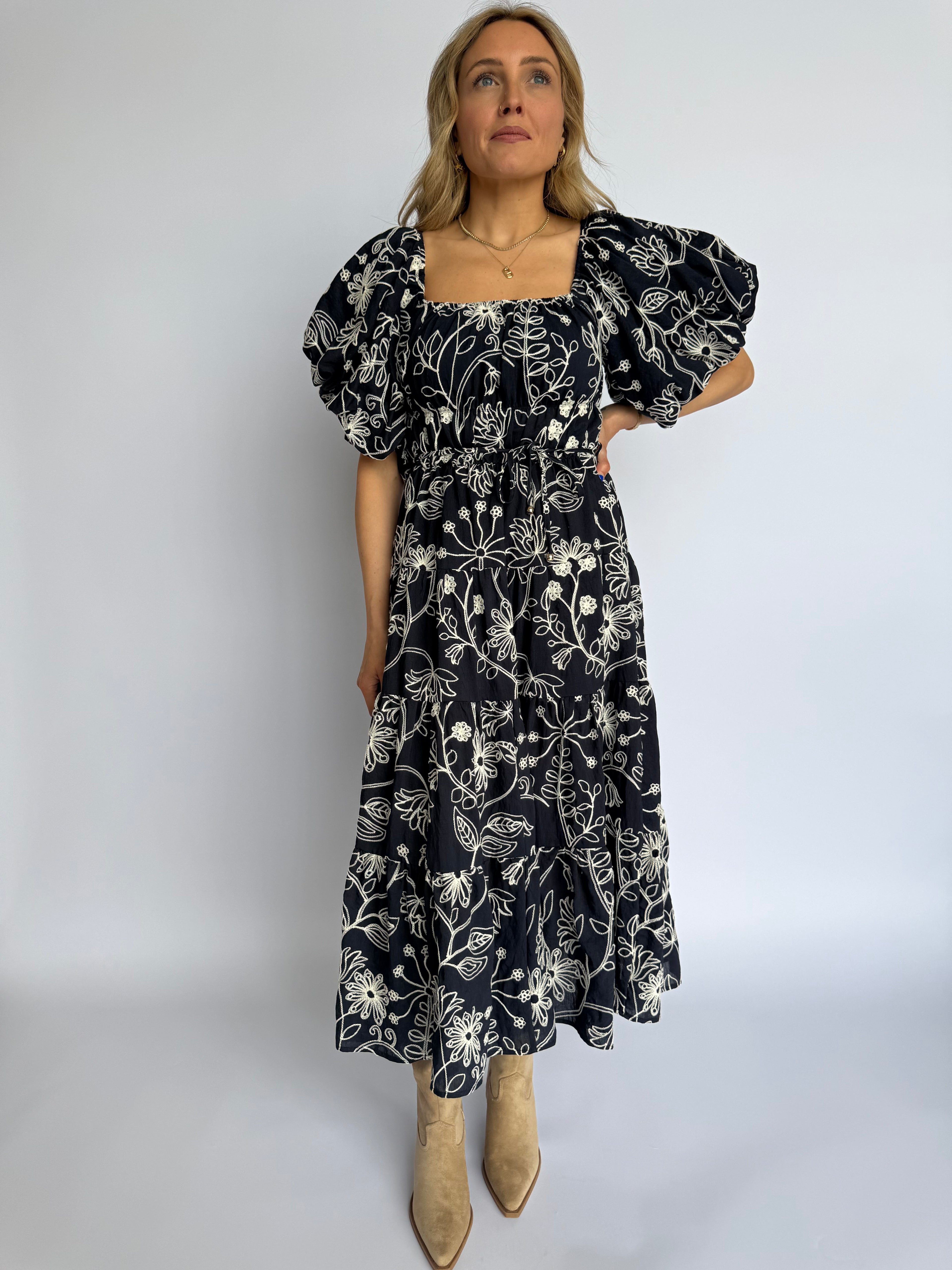 Cordelia Floral Puff Sleeve Midi Dress in Navy