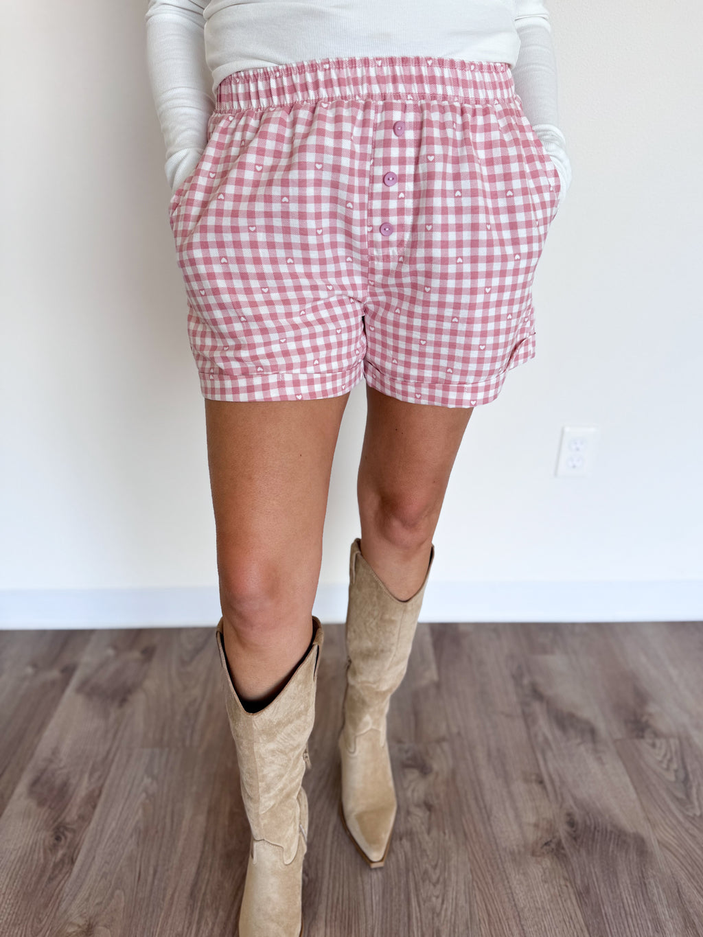 Nyssa Gingham + Heart Boxer Shorts in Pink