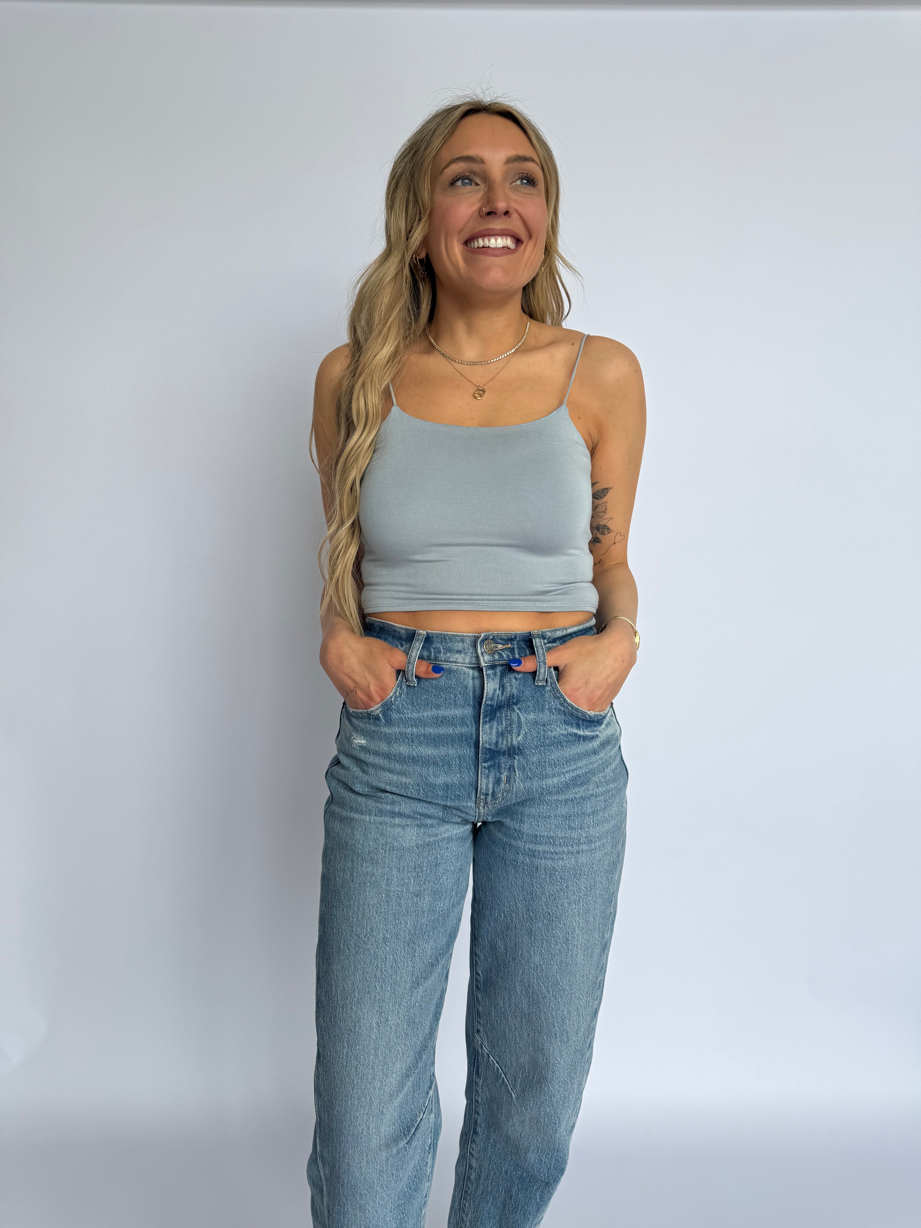 Lainey Crop Spaghetti Tank in Slate