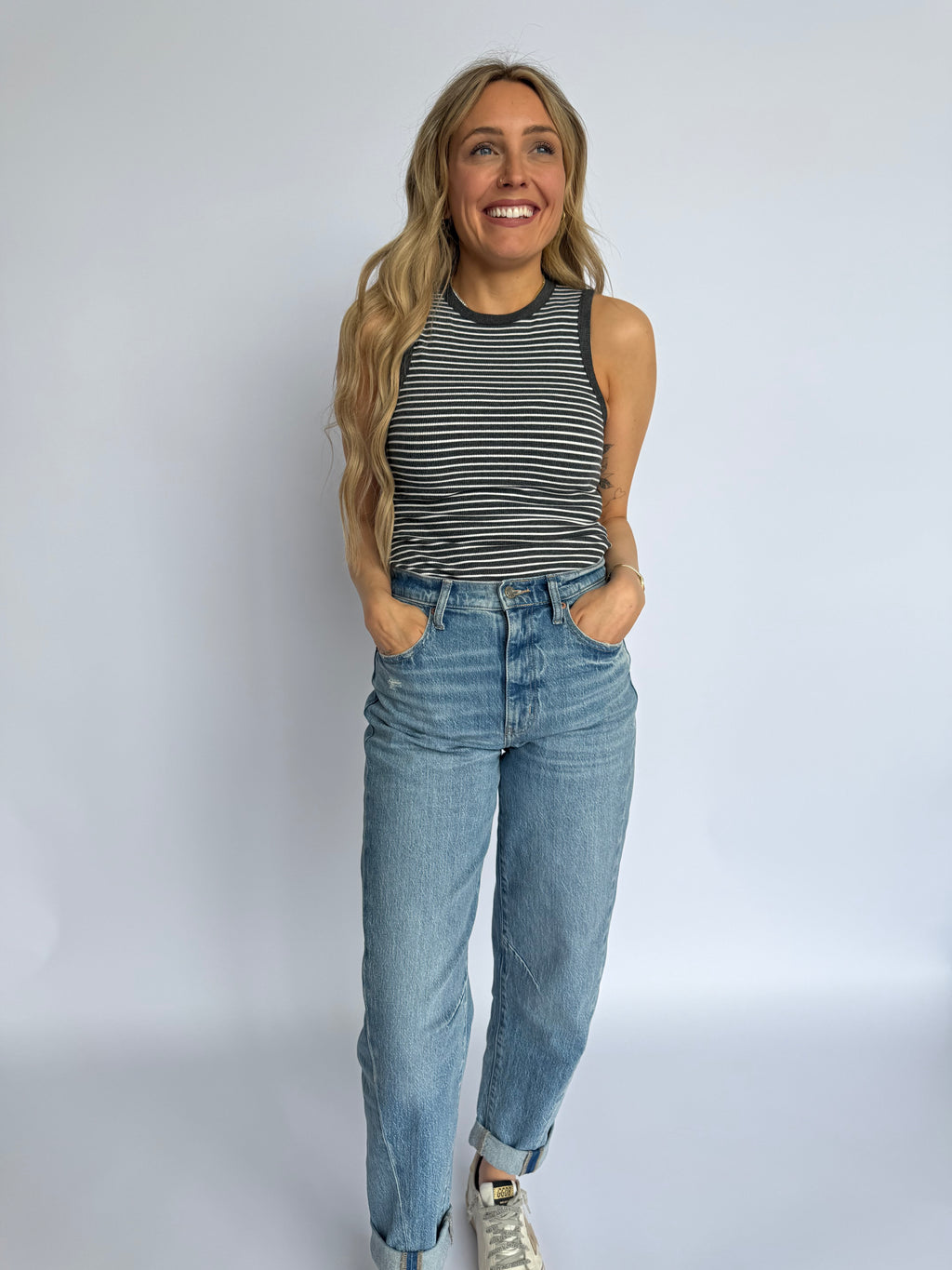 Opal Striped Ribbed Tank Bodysuit in Charcoal + White
