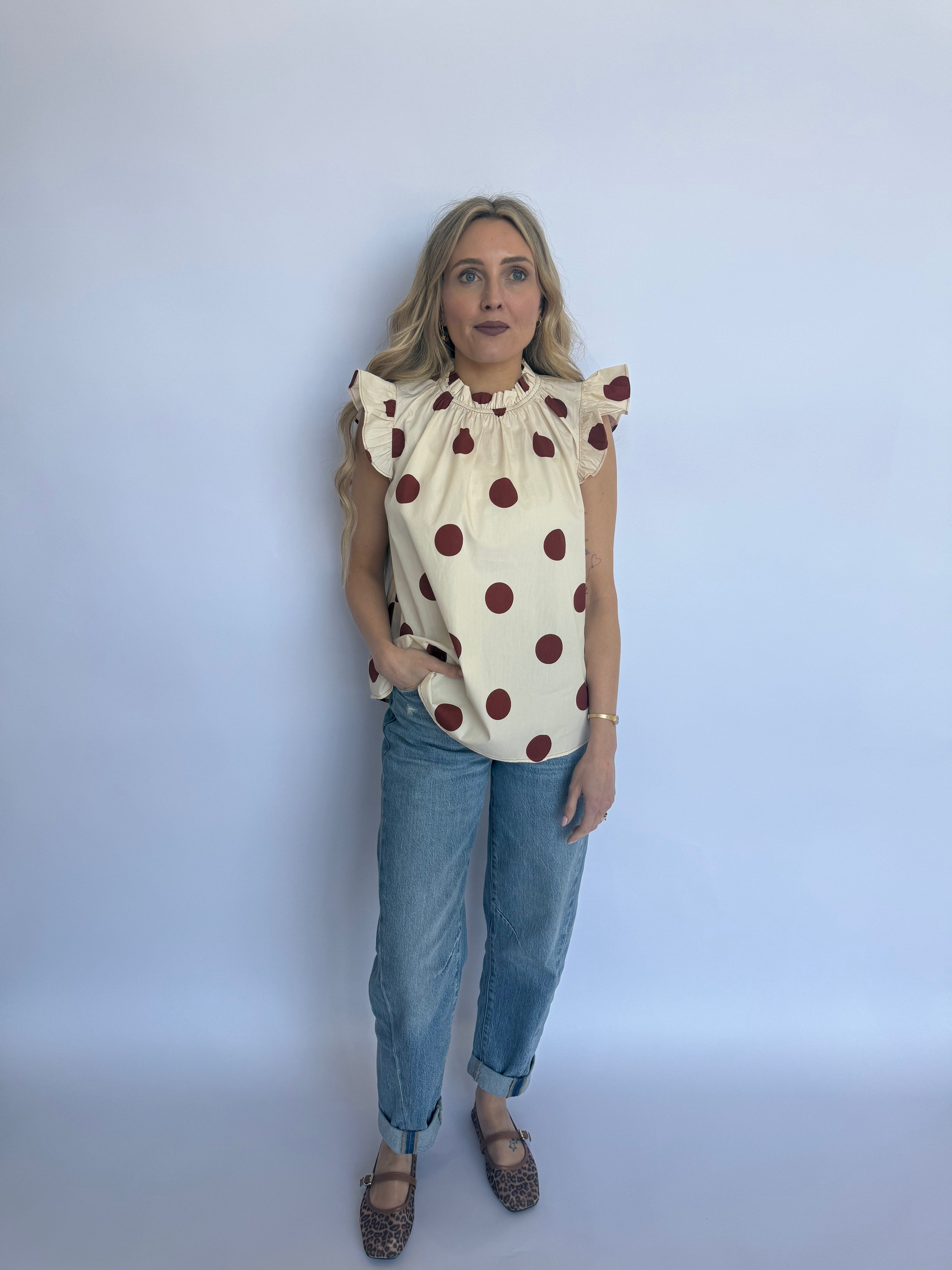 Asher Ruffled Polka Dot Top in Cream + Rust