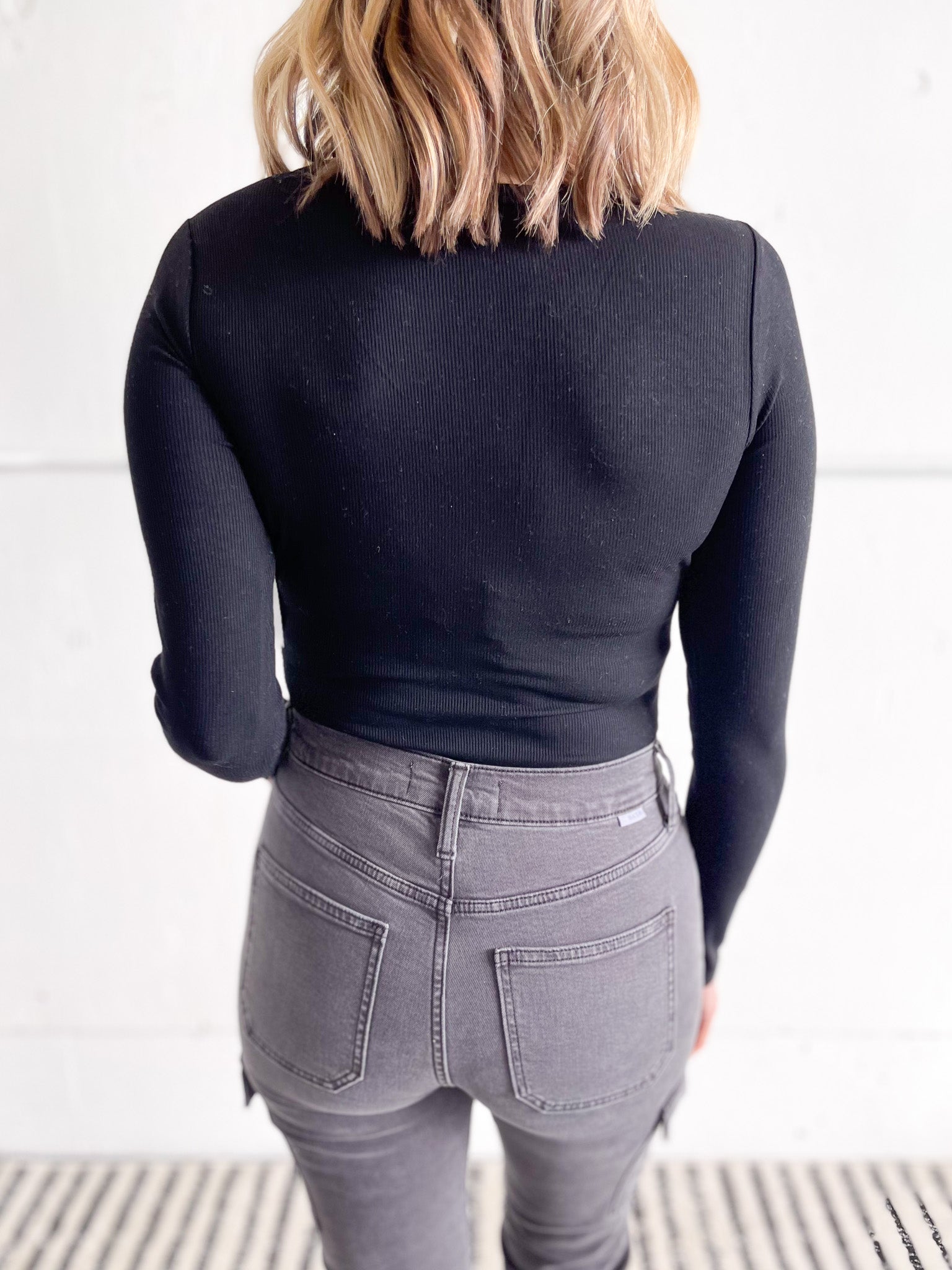 Emory Ribbed Long Sleeve Bodysuit in Black