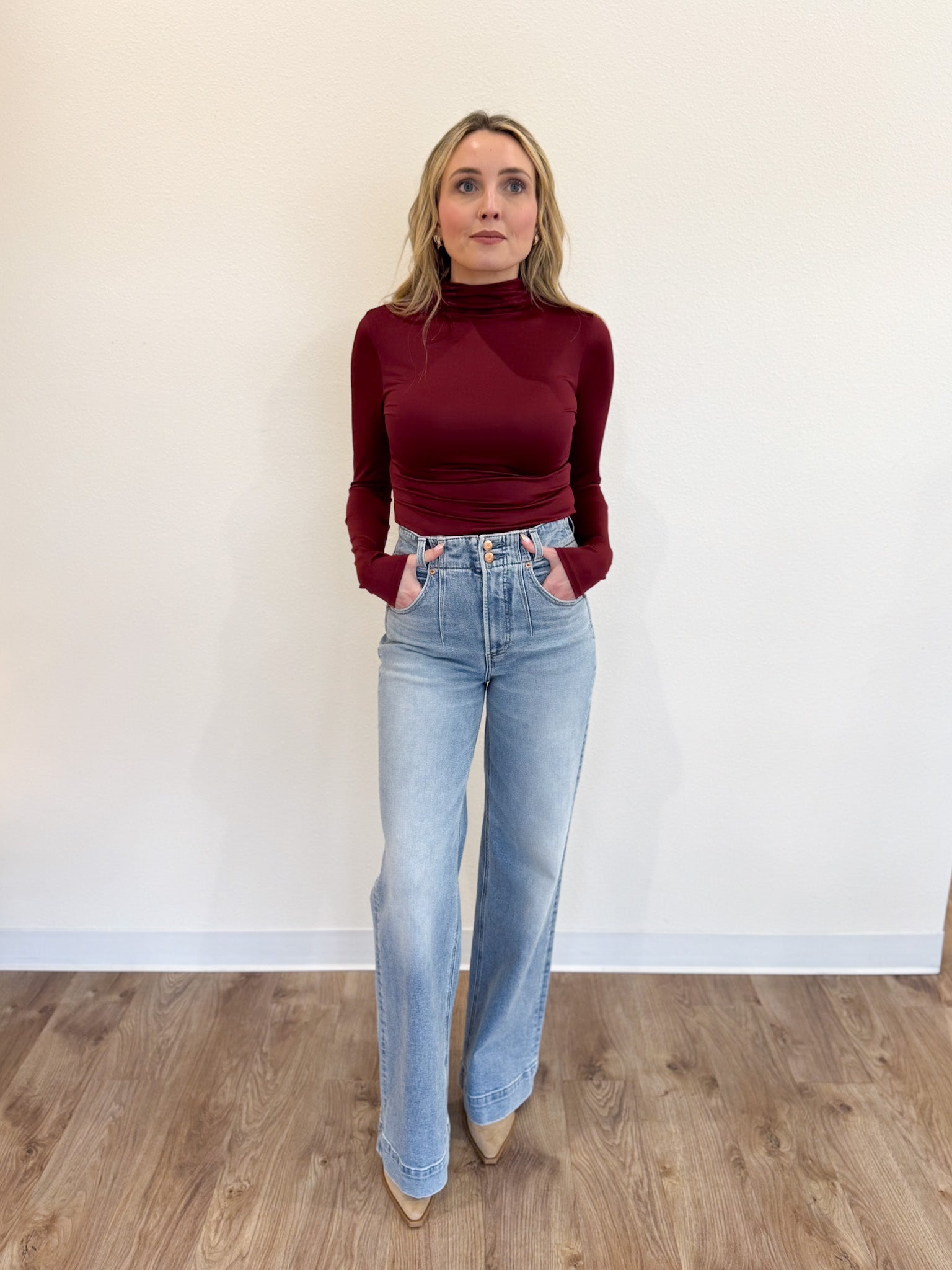 Rosemary Mock Neck Bodysuit in Burgundy