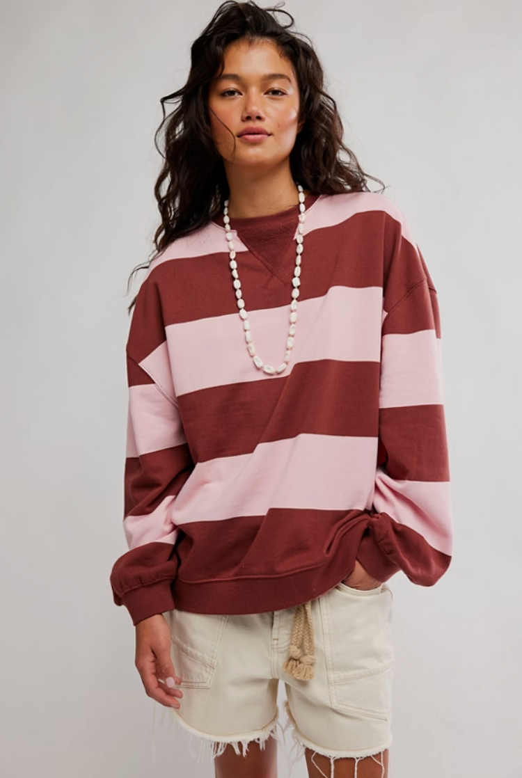 Classic Striped Oversized Crewneck in Strawberry