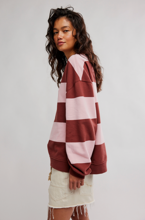 Classic Striped Oversized Crewneck in Strawberry