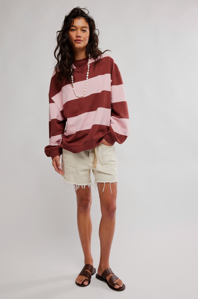 Classic Striped Oversized Crewneck in Strawberry