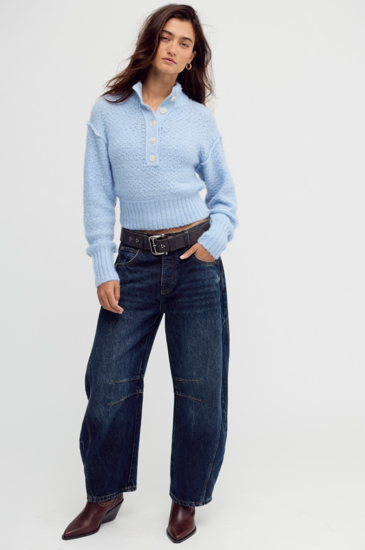 Tucked Henley Pullover - Blue Snowflake