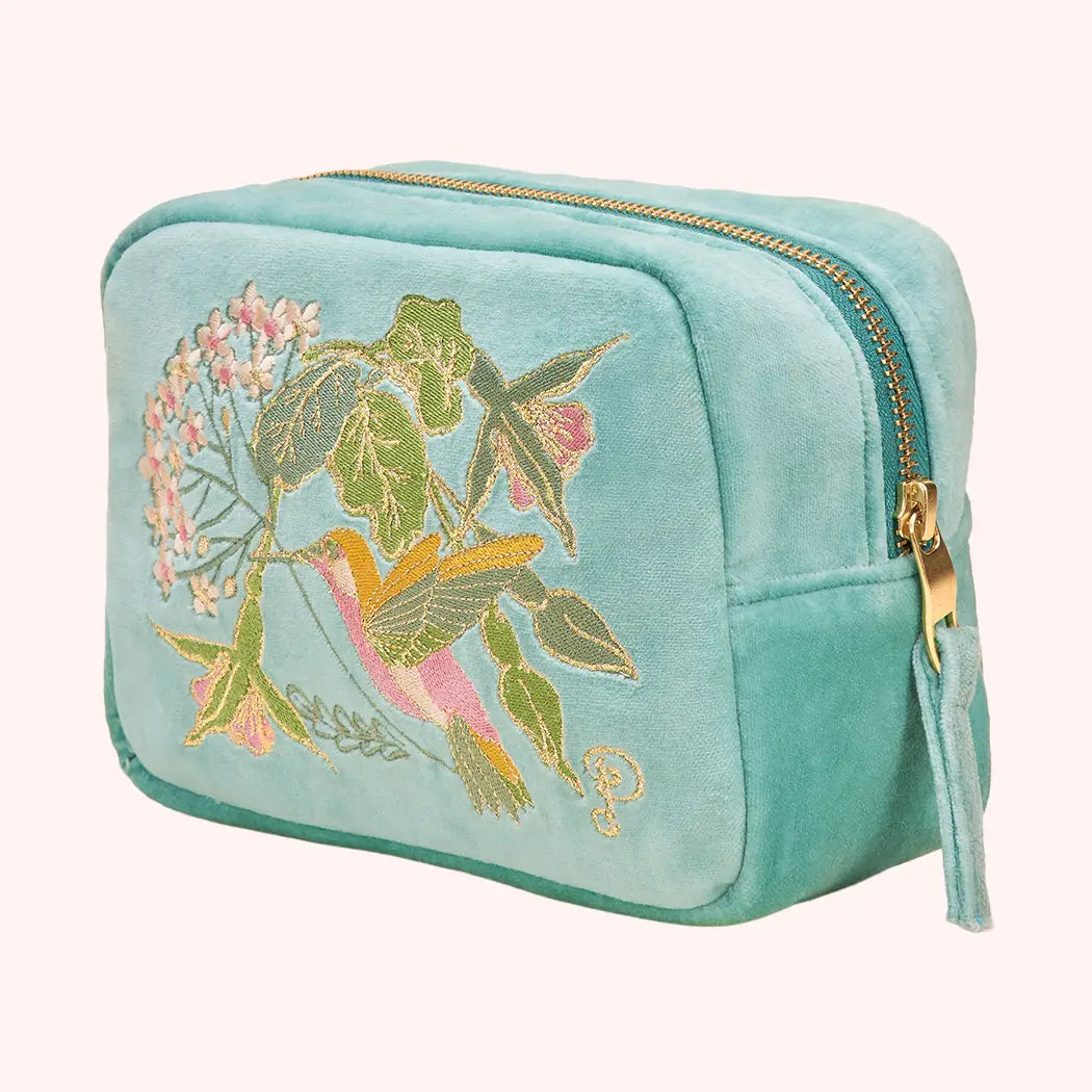 Velvet Hummingbird Embroidered Make Up Bag in Aqua