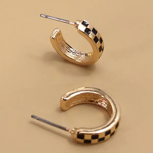Maleah Mini Checker Huggie Earrings in Gold Black