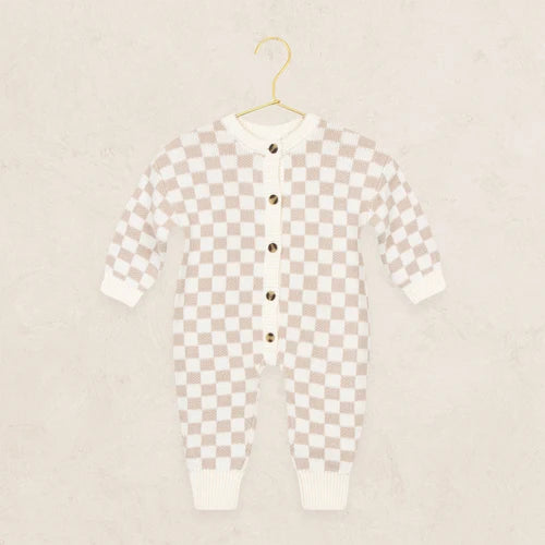 Knit Long Sleeve Onesie - Tan Checkered